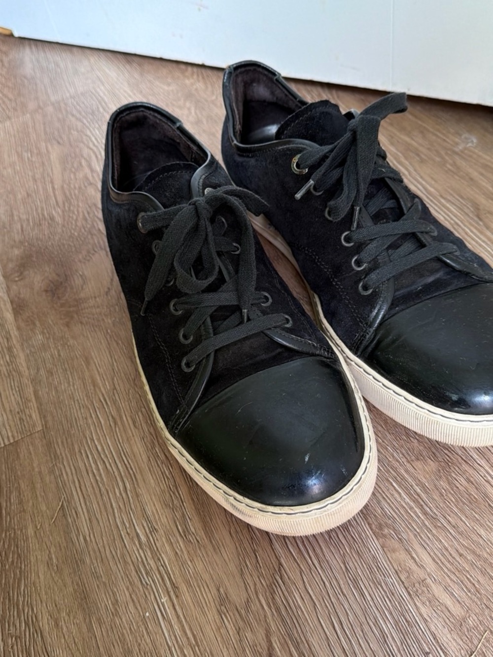 Lanvin Black Leather & Suede Low-Top Sneakers with Cream Sole